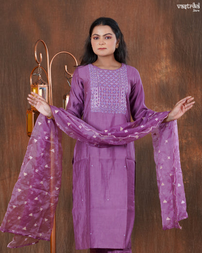 Cotton Kurti Set with Katdana & Handwork with Organza Dupatta