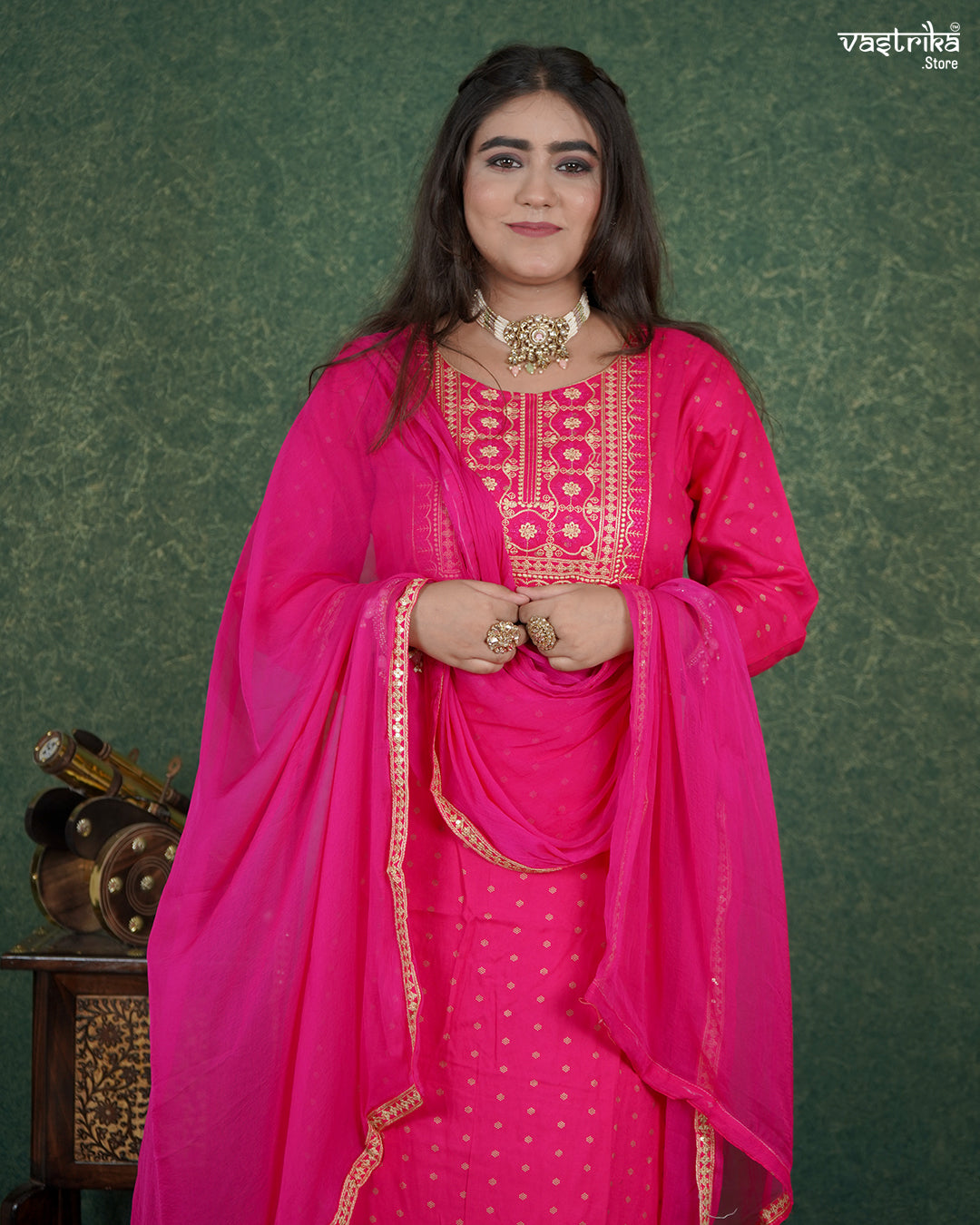 Resham & Thread Work Kurti Set with Block Print Pants