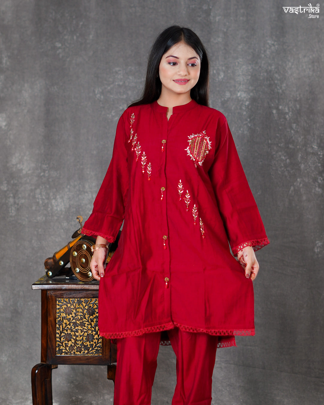 Maroon Silk Coord Set with Handworked Collar