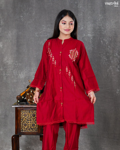 Maroon Silk Coord Set with Handworked Collar