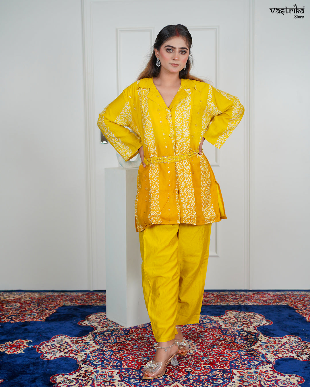Yellow Silk Coord Set with Kadhai & Sequence Work