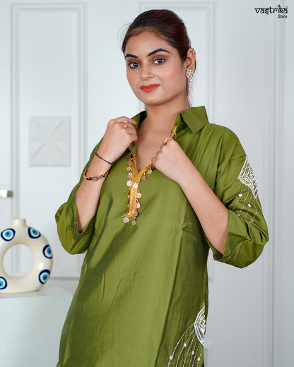 Mehndi Masleen Coord Set with Handwork & Sequence