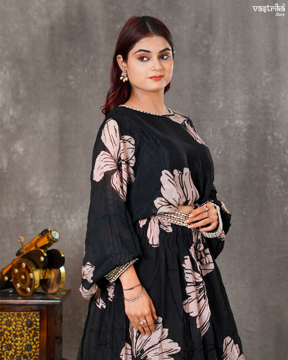 Black Chiffon Short Top with Skirt – Digital Print & Handwork