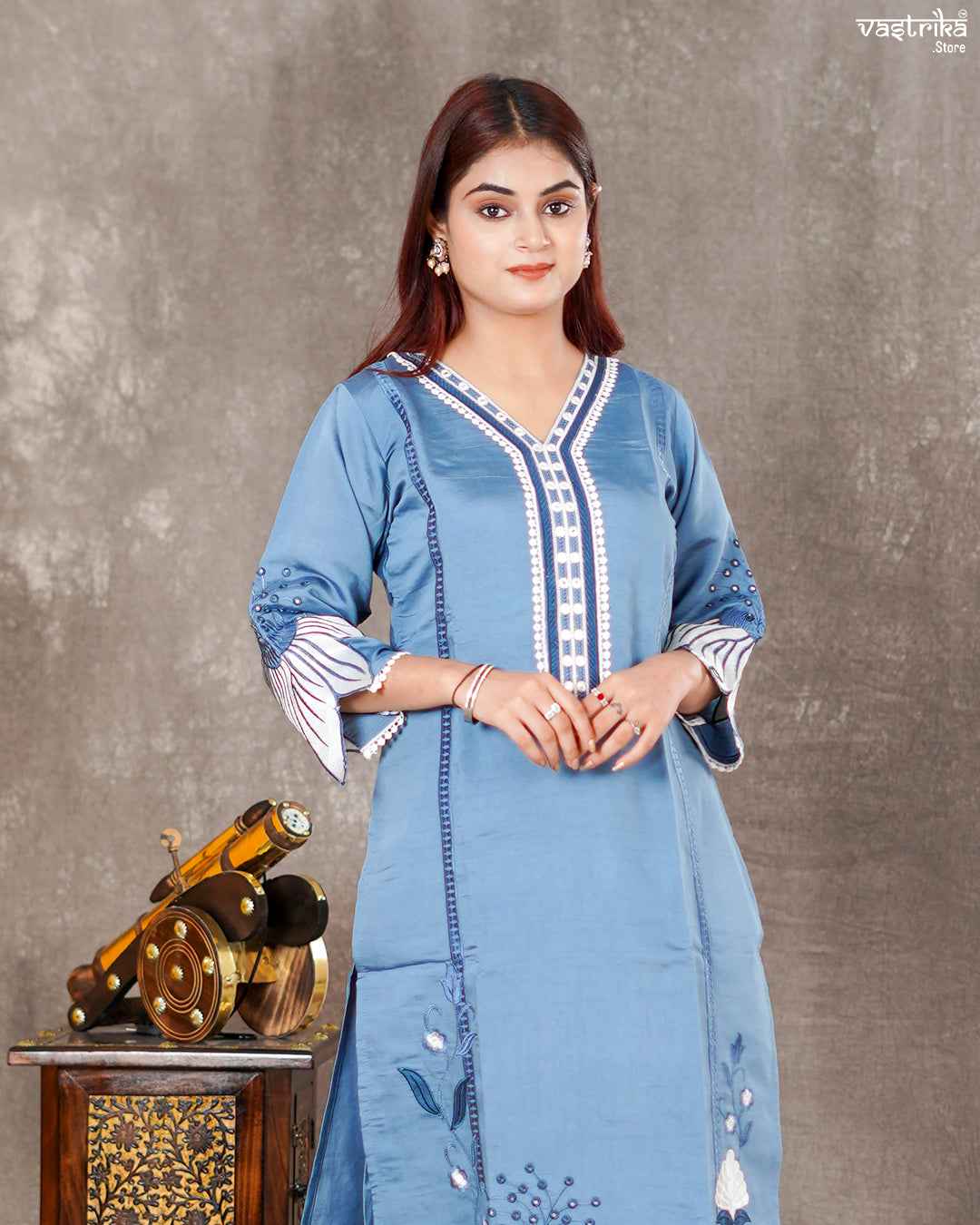 Roman Silk Kurti Set with Lace Work
