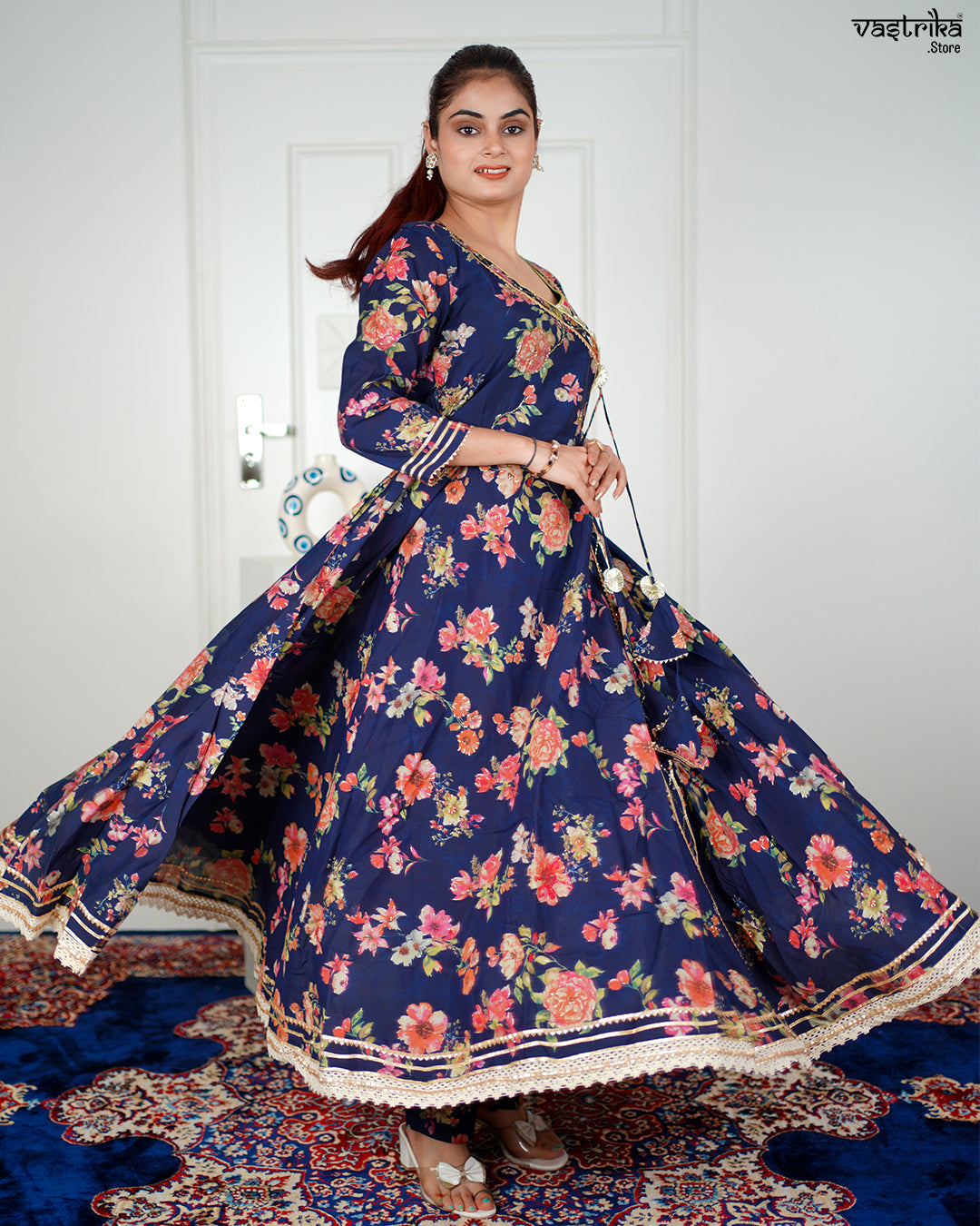 Navy Maslin Angrakha Frock Set with Gotti Pata Work