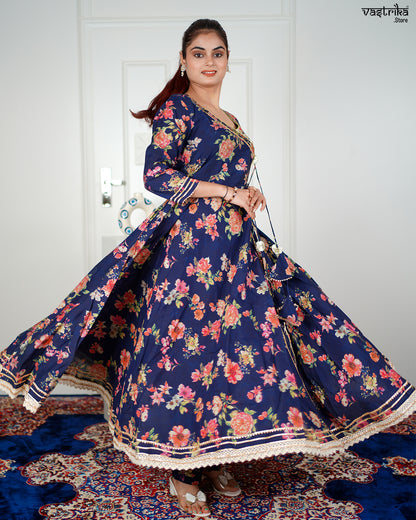 Navy Maslin Angrakha Frock Set with Gotti Pata Work