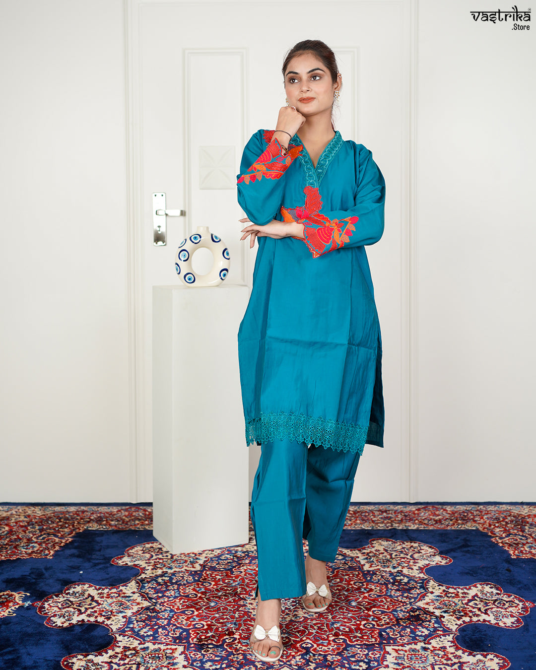 Firozi Roman Silk Coord Set with Thread Work