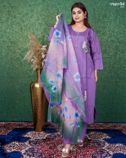 Purple Roman Silk Kurti Set with Thread & Handwork