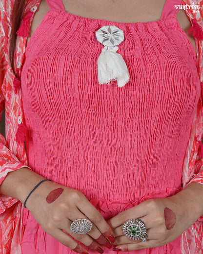 Elara Printed Frock & Handworked Georgette Shrug Set