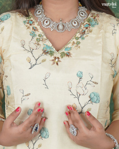 V-Neck Handworked Kurti Set