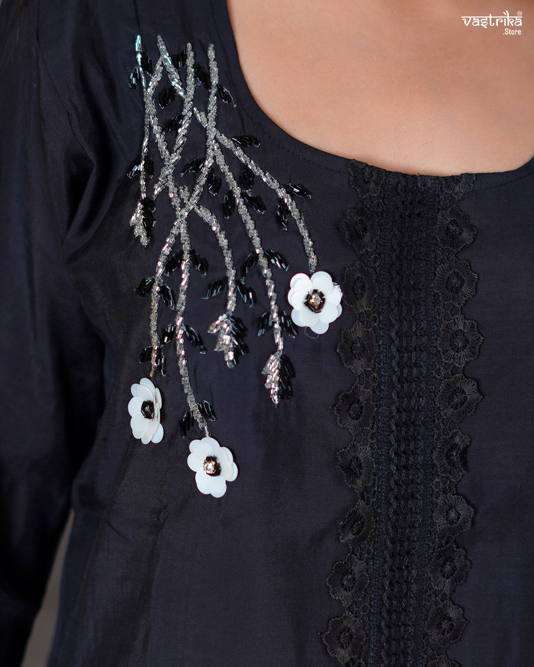 Black Roman Silk Coord Set with Katdana Work