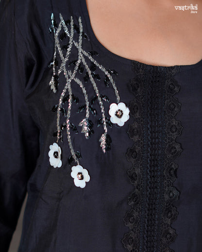 Black Roman Silk Coord Set with Katdana Work