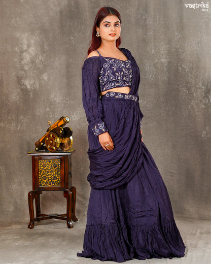 Dark Purple Chiffon Stylish Drape Saree with Skirt