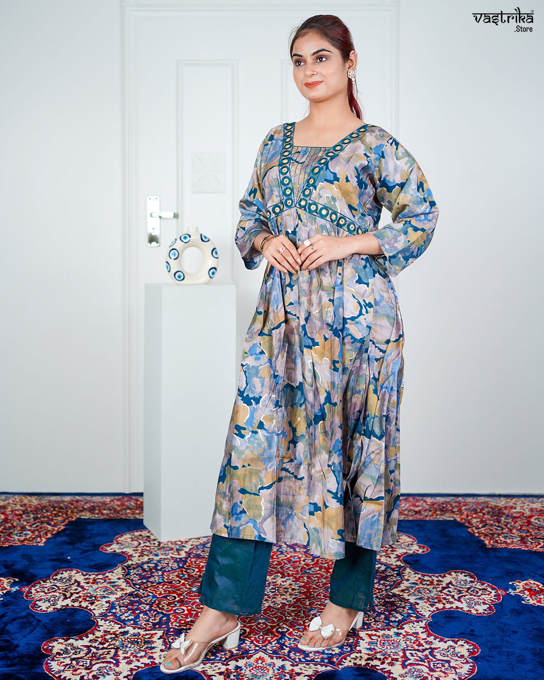 Firozi Maslin Aalia Cut Frock Set with Embroidered Dupatta