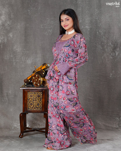 Purple Chinon Silk Short Top with Palazzo & Printed Shrug