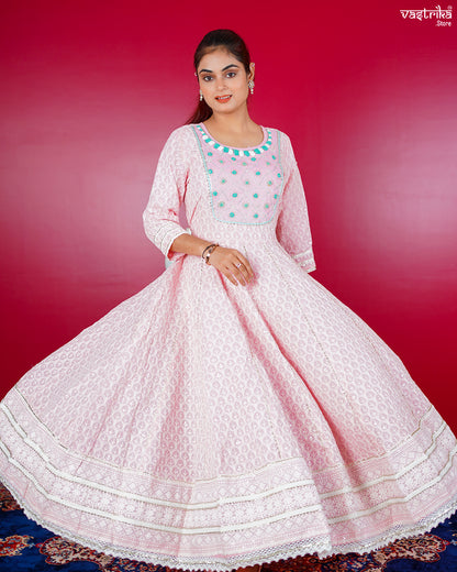 Pink Cotton Frock Set with Lace & Handwork