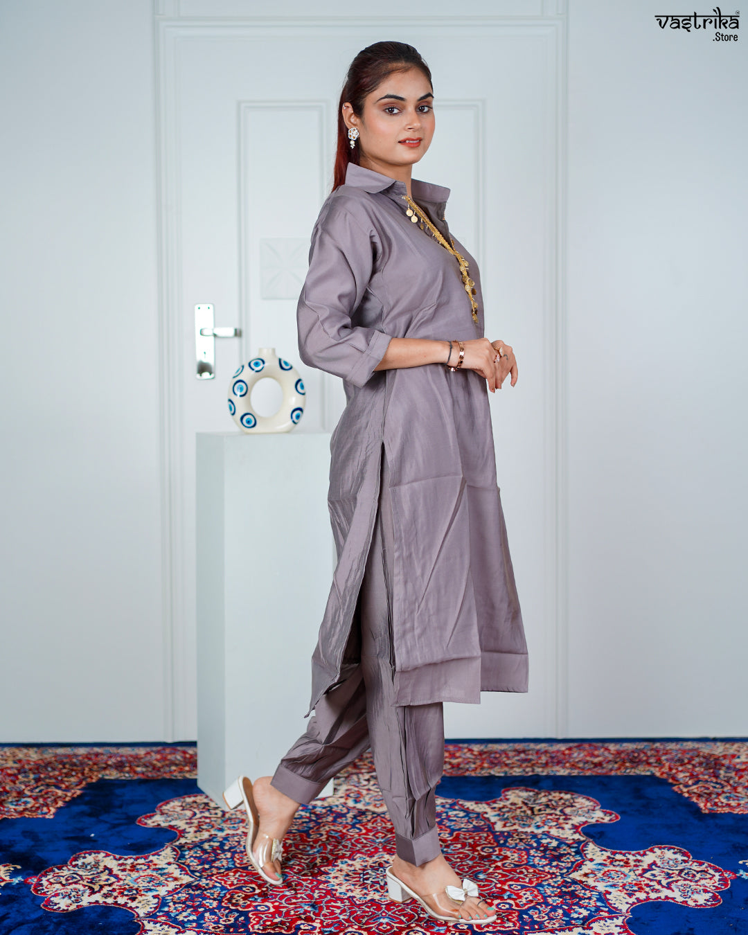 Grey Masleen Coord Set with Handwork & Sequence