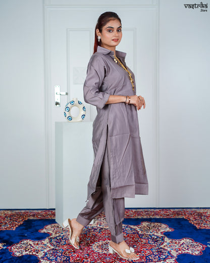 Grey Masleen Coord Set with Handwork & Sequence