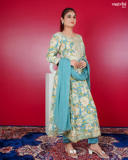 Firozi Maslin Frock Set with Jari & Sequence Work