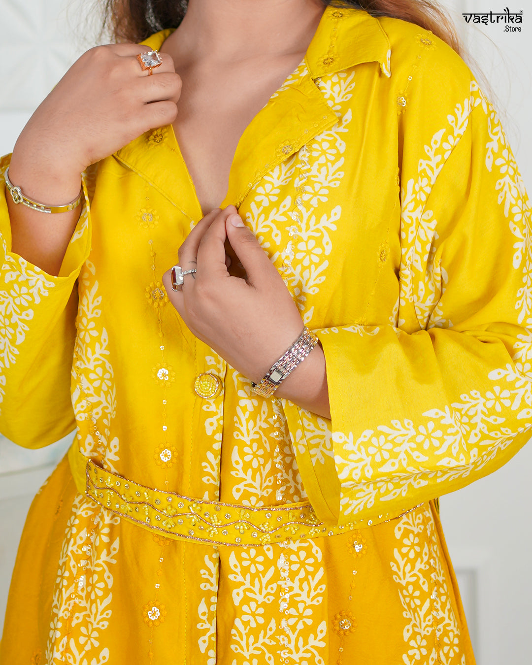 Yellow Silk Coord Set with Kadhai & Sequence Work