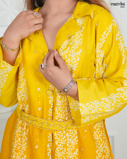 Yellow Silk Coord Set with Kadhai & Sequence Work