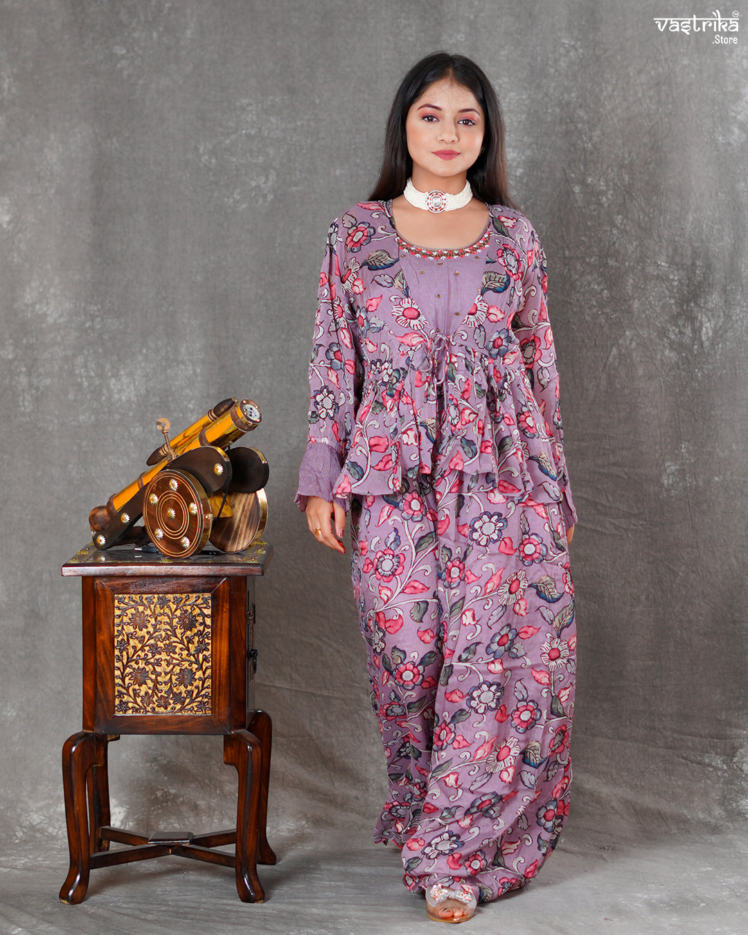 Purple Chinon Silk Short Top with Palazzo & Printed Shrug