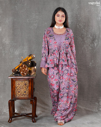 Purple Chinon Silk Short Top with Palazzo & Printed Shrug