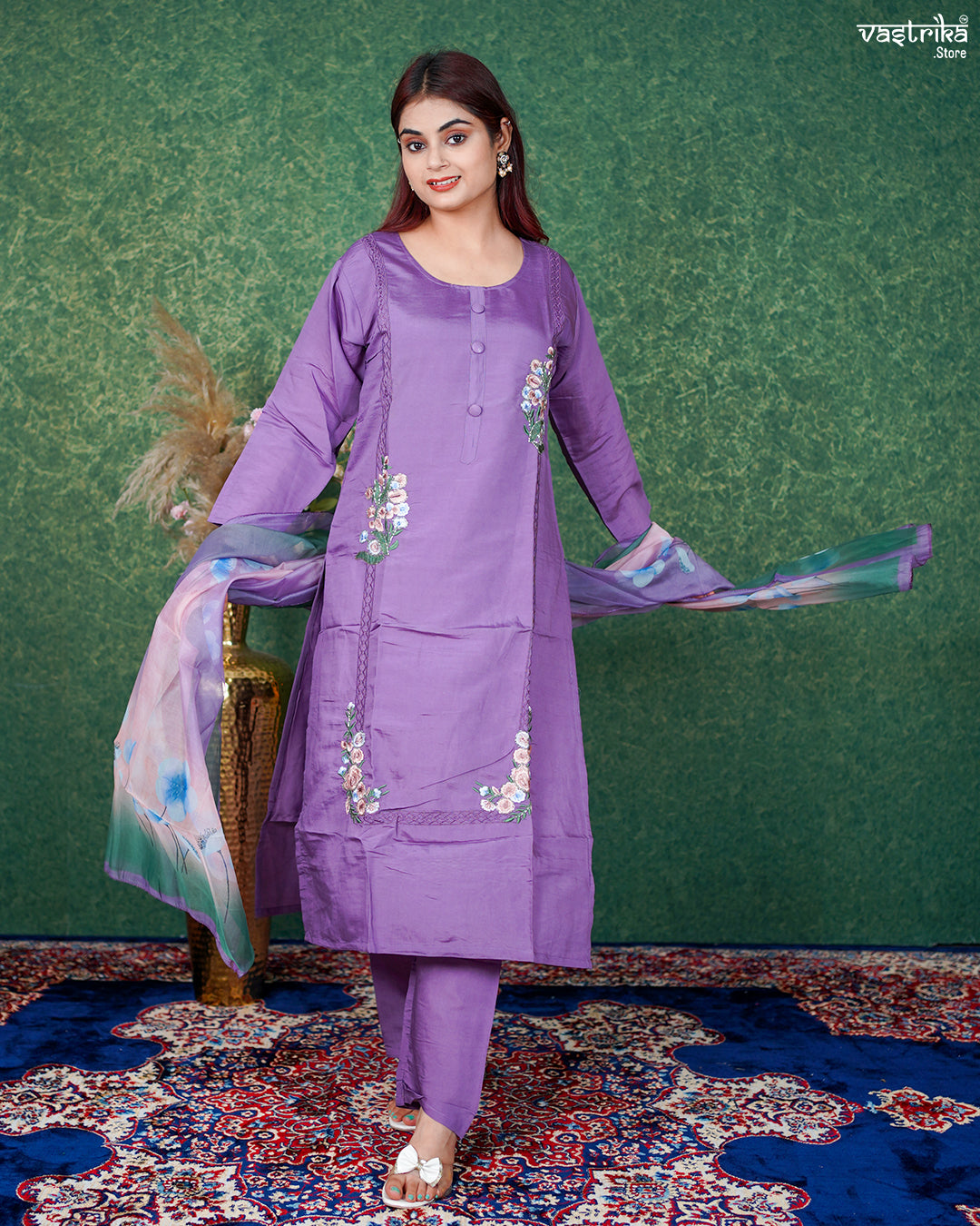 Purple Roman Silk Kurti Set with Thread & Handwork