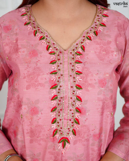 Gajri Chanderi Silk Kurti Set with Banarasi Printed Dupatta