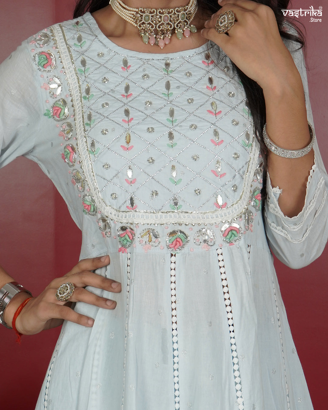 Handcrafted Cotton Frock Set with Jari & Resham Work