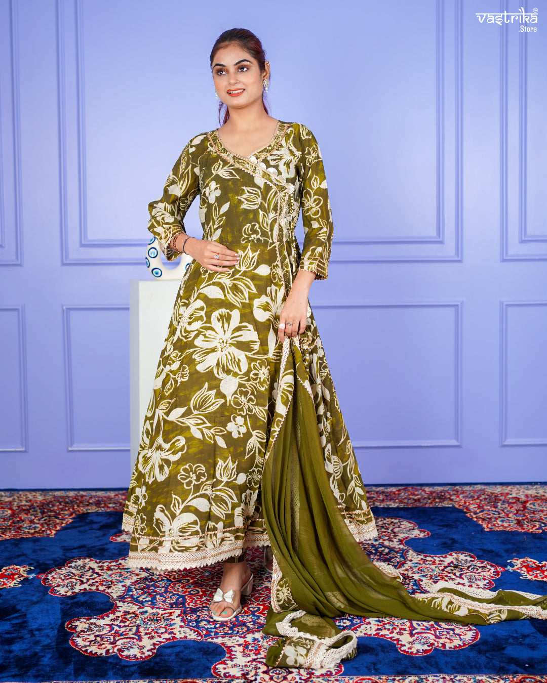 Mehndi Maslin Angrakha Frock Set with Gotti Pata Work