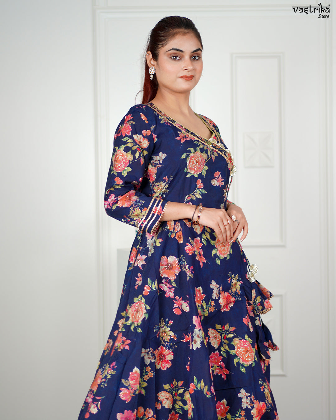 Navy Maslin Angrakha Frock Set with Gotti Pata Work