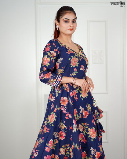 Navy Maslin Angrakha Frock Set with Gotti Pata Work