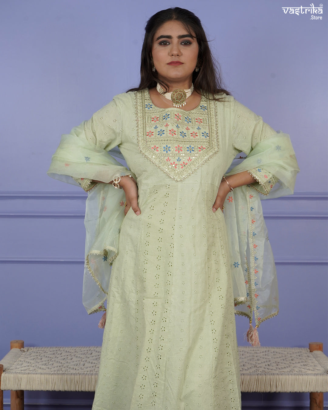 Chikankari Frock-Style Kurti Set with Embroidered Dupatta