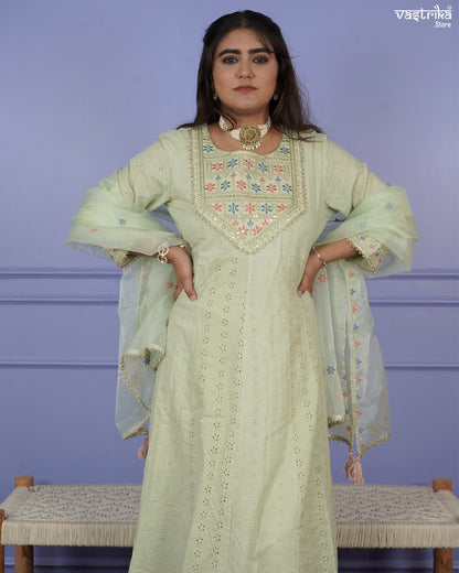 Chikankari Frock-Style Kurti Set with Embroidered Dupatta