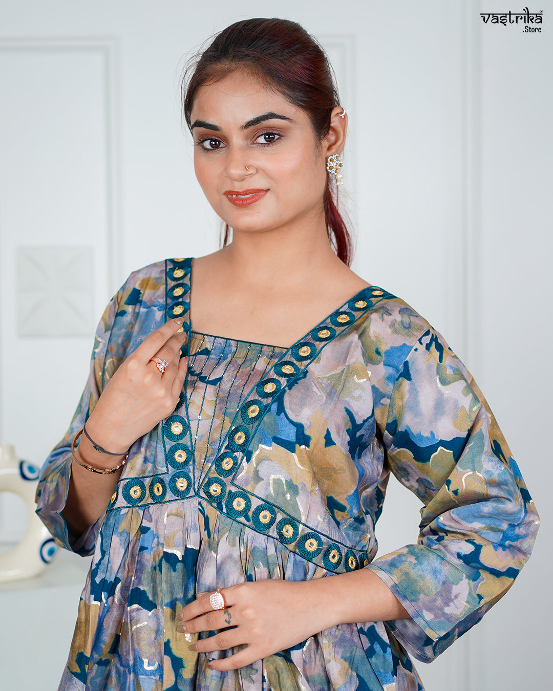 Firozi Maslin Aalia Cut Frock Set with Embroidered Dupatta