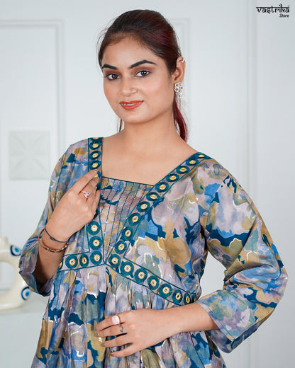 Firozi Maslin Aalia Cut Frock Set with Embroidered Dupatta