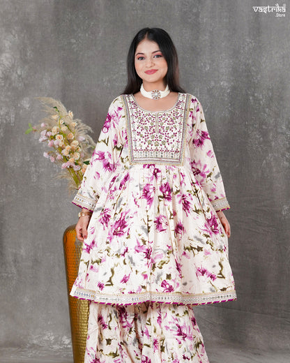 Purple Ryon Cotton Kurti with Sharara & Dupatta