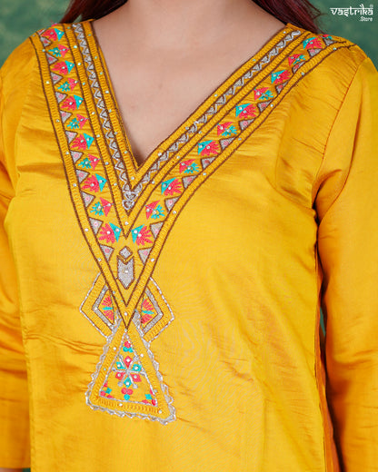 Mustard Roman Silk Kurti Set with Katdana & Thread Work