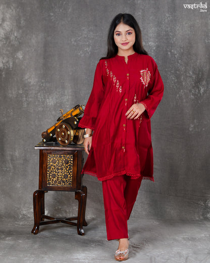 Maroon Silk Coord Set with Handworked Collar