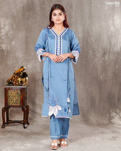 Roman Silk Kurti Set with Lace Work