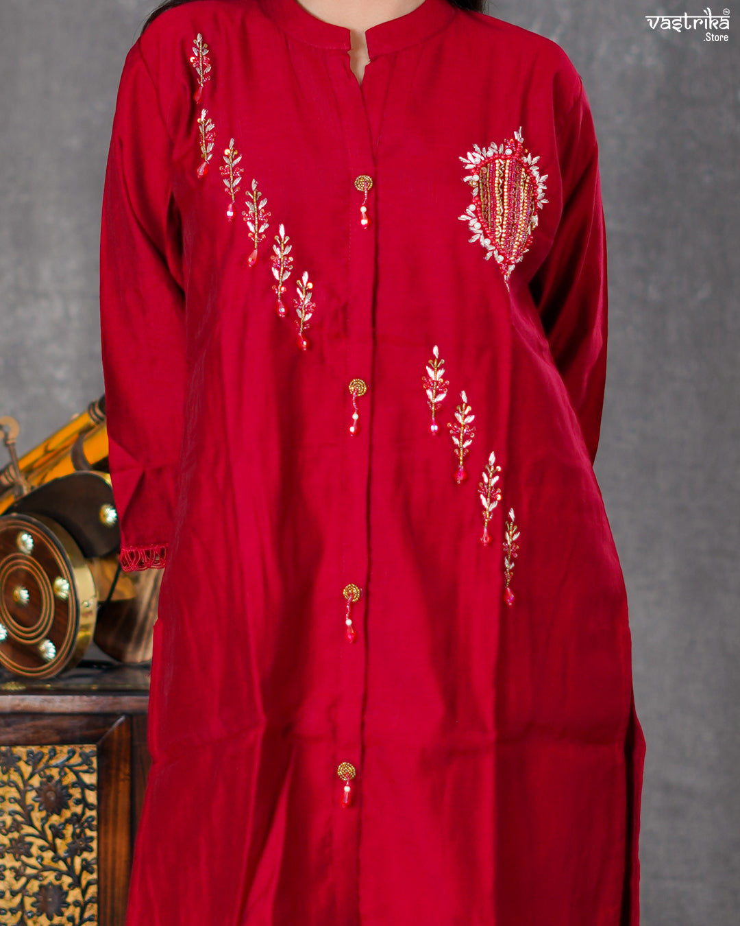 Maroon Silk Coord Set with Handworked Collar