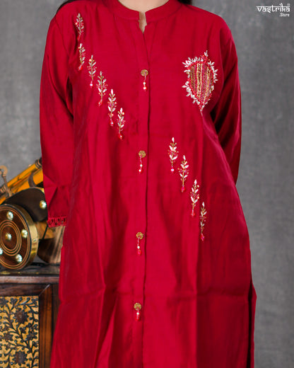 Maroon Silk Coord Set with Handworked Collar