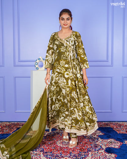 Mehndi Maslin Angrakha Frock Set with Gotti Pata Work