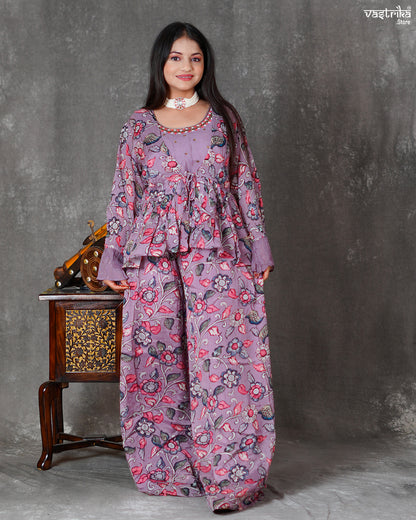 Purple Chinon Silk Short Top with Palazzo & Printed Shrug