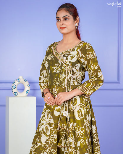 Mehndi Maslin Angrakha Frock Set with Gotti Pata Work